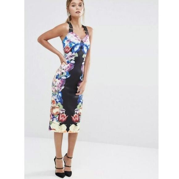Ted Baker Deony Colorful Floral Bodycon Scuba Midi Dress US 6 Buckle Strap - Picture 4 of 14